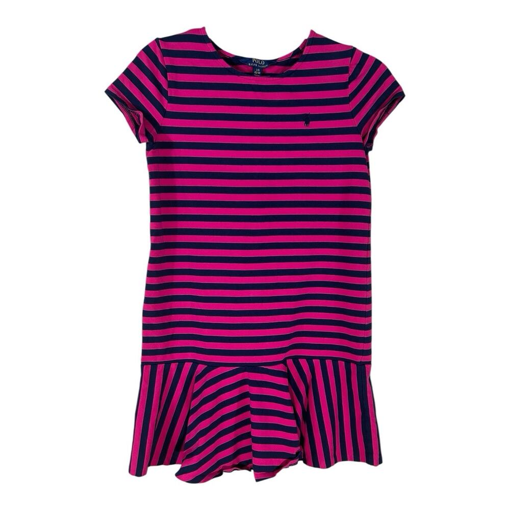 POLO Ralph Lauren Pink Navy Blue Stripe Dress GIRLS LARGE 12/14 Short Sleeve